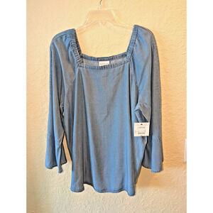 Liz Claiborne Soft Denim Look Shirt Women's Size Large Ruffled Bell Sleeve